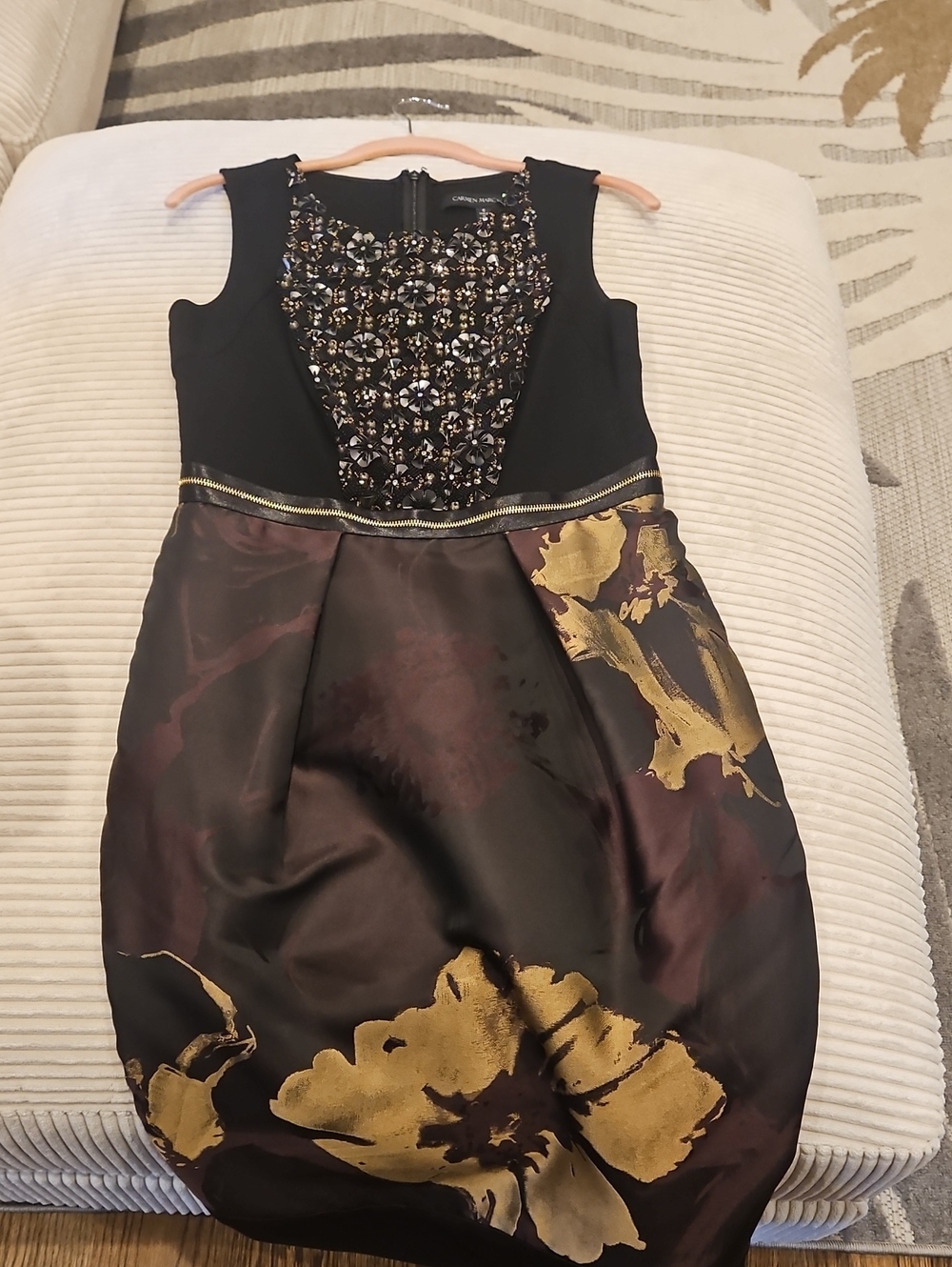 Carmen Marc Valvo Black Dress with Gold Floral Skirt